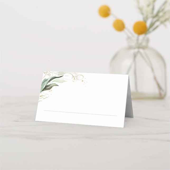 Cartão De Mesa Casamento de Folhas Douradas e Eucalyptus Greenery (Frente)
