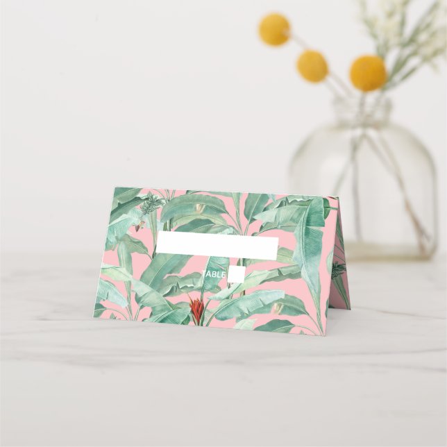 Cartão De Mesa Casamento de Folhas Tropicais de Banana Rosa (Frente)
