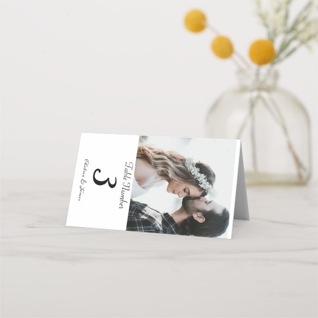 Cartão De Mesa Casamento de Fotografias Elegante Branco Personali (Frente)