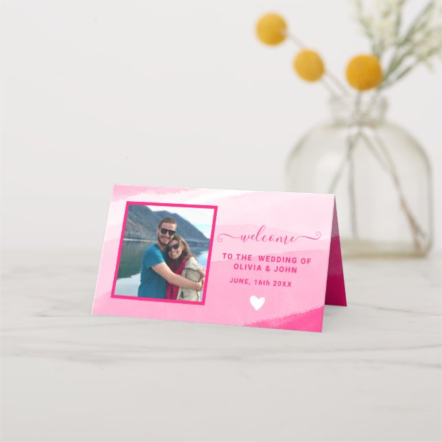 Cartão De Mesa Casamento de fotos com Aquarela Rosa Moderna Dobra (Frente)