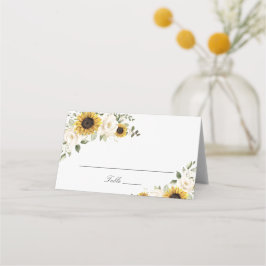 Cartão De Mesa Casamento de Girassóis Flores Brancas Verdura