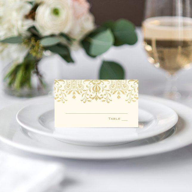 Cartão De Mesa Casamento de Glamor de Ivory Dourado (Criador carregado)