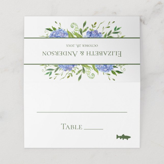 Cartão De Mesa Casamento de Hortênsias Azuis (Exterior/Desdobrado)