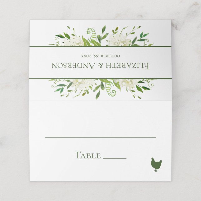 Cartão De Mesa Casamento de Hortênsias Brancas (Exterior/Desdobrado)