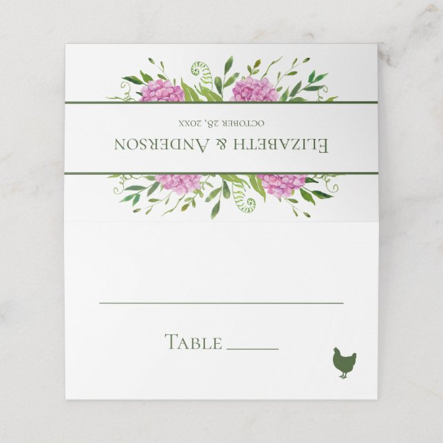 Cartão De Mesa Casamento de Hortênsias Rosa (Exterior/Desdobrado)