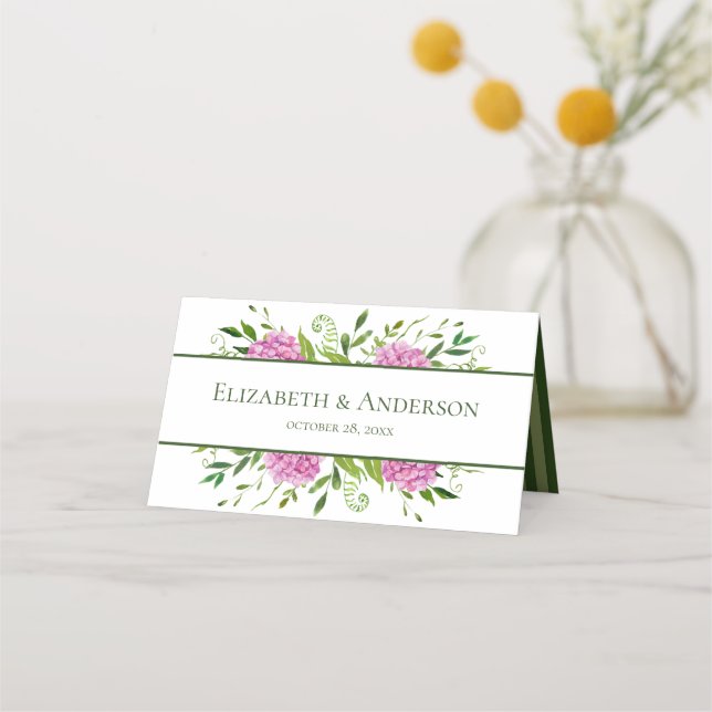 Cartão De Mesa Casamento de Hortênsias Rosa (Frente)