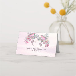 Cartão De Mesa Casamento de Inverno com Aquarela de Pinhas, Pássa