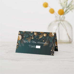 Cartão De Mesa Casamento de Inverno Elegante Caçador Verde Dourad
