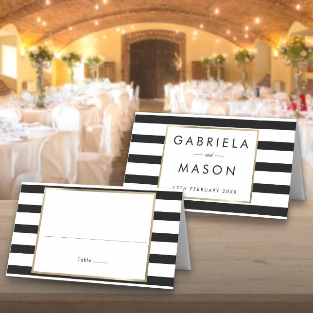 Cartão De Mesa Casamento de Listra Clássica | Folha de Ouro Falso (Classic Stripe Wedding | Faux Gold Foil Place Card)