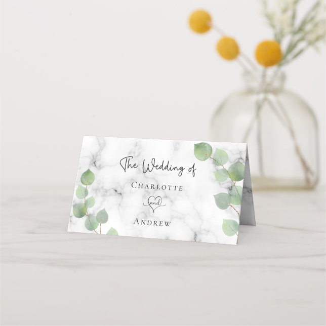 Cartão De Mesa Casamento de mármore Eucalyptus greenery (Verso)