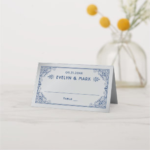 Cartão De Mesa Casamento de Monograma Art Déco Prata Marinho Vint