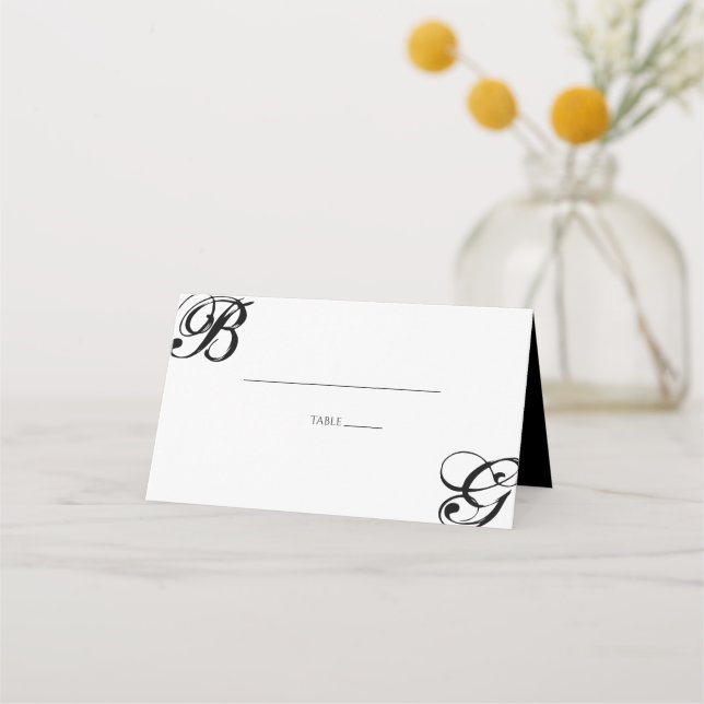 Cartão De Mesa Casamento de Monograma de Script Preto e Branco (Frente)