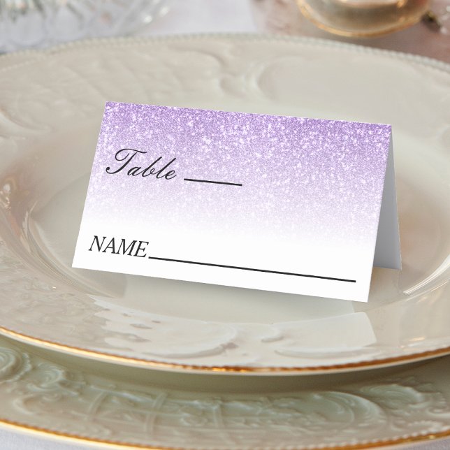 Cartão De Mesa Casamento de Ombre de Glitter Branco e Roxo (White & Purple Glitter Ombre Wedding Place Card)