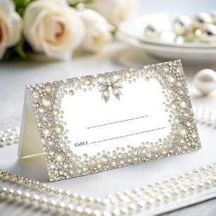 Cartão De Mesa Casamento de Ouros Elegantes e Pérolas