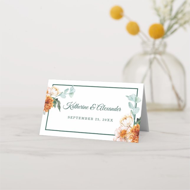 Cartão De Mesa Casamento de outono Floral de Aquarela Elegante (Frente)