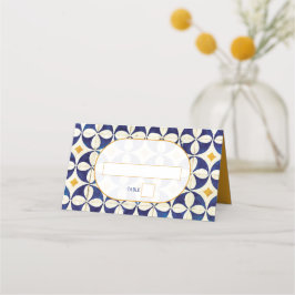Cartão De Mesa Casamento de Padrão Português Azul e Amarelo