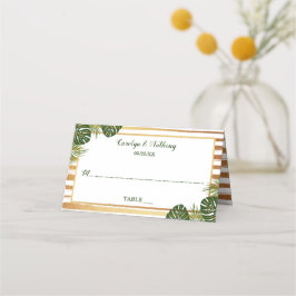 Cartão De Mesa Casamento de Praia com Folha de Ouro e Palma Verde