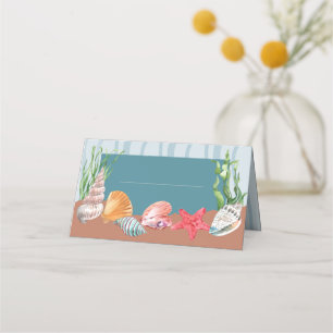 Cartão De Mesa Casamento de praia de Seashell Tropical Azul Náuti