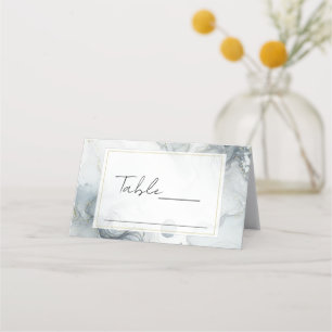 Cartão De Mesa Casamento de Praia em Aquarela Azul Cinza e Dourad