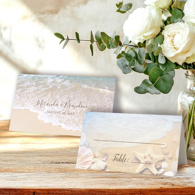 Cartão De Mesa Casamento de Praia Tropical do Blue Ocean Waves (Criador carregado)