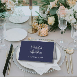 Cartão De Mesa Casamento de Script Azul e Prata do Marinho Modern