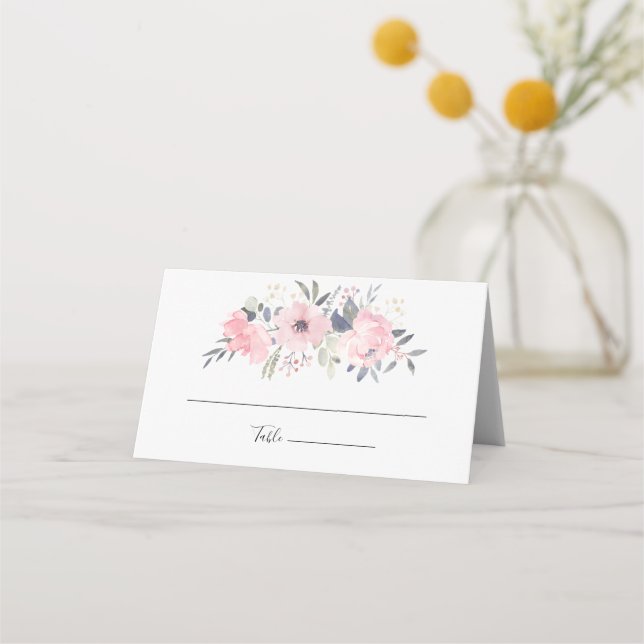Cartão De Mesa Casamento de Script de Aquarela Floral Rosa (Frente)