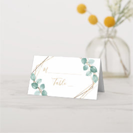 Cartão De Mesa Casamento de Script Dourado Moderno Eucalyptus Wat