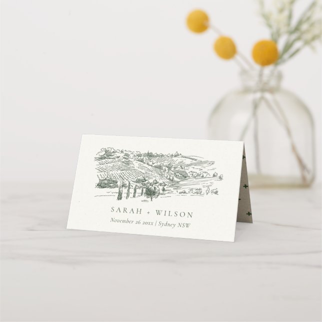 Cartão De Mesa Casamento de Sketch Da Chic Rustic Green Winery Mo (Frente)