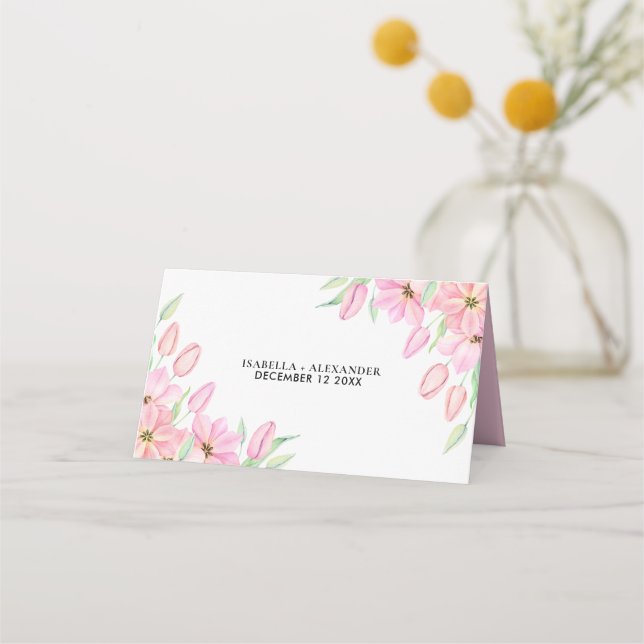 Cartão De Mesa Casamento de Tulipas de Aquarela Rosa (Verso)