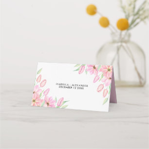 Cartão De Mesa Casamento de Tulipas de Aquarela Rosa