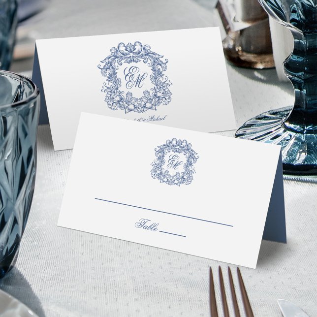 Cartão De Mesa Casamento do Monograma de Crest do Elegante Azul (Criador carregado)