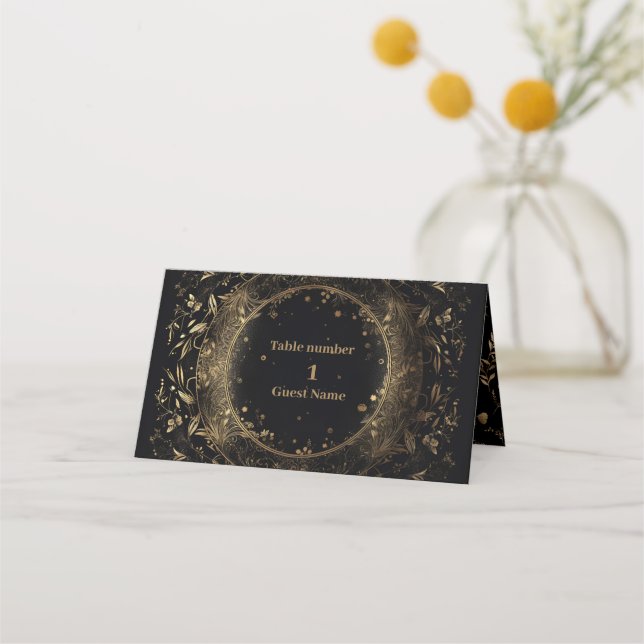 Cartão De Mesa Casamento Dourado Celestial Místico Negro (Frente)