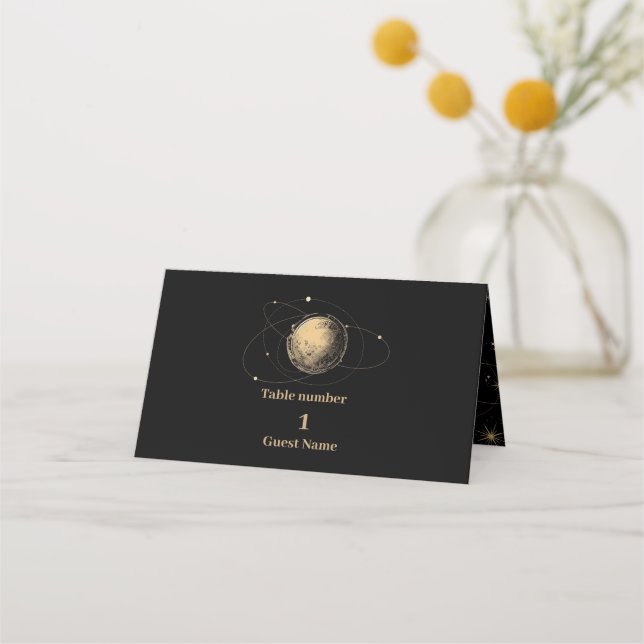 Cartão De Mesa Casamento Dourado Celestial Místico Negro (Frente)