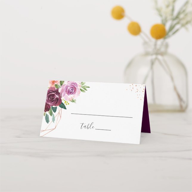Cartão De Mesa Casamento Dourado com Plum Purple Floral Moderno R (Frente)