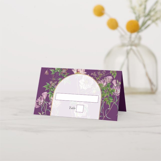 Cartão De Mesa Casamento Dourado de Arca com Verde Floral Roxo (Frente)