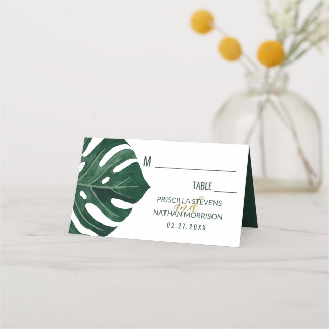 Cartão De Mesa Casamento Dourado de folha de queijo suíço tropica (Frente)