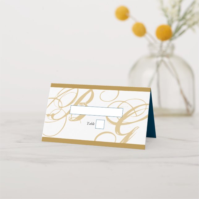 Cartão De Mesa Casamento Dourado de Monograma de Script Elegante  (Frente)