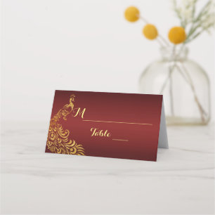 Cartão De Mesa Casamento Dourado de Peacock Real Burgundy
