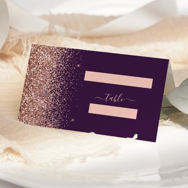Cartão De Mesa Casamento Dourado de Rosa de Roxo Escuro Moderno (Criador carregado)