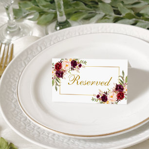 Cartão De Mesa Casamento Dourado de Watercolor Floral Burgundy Re