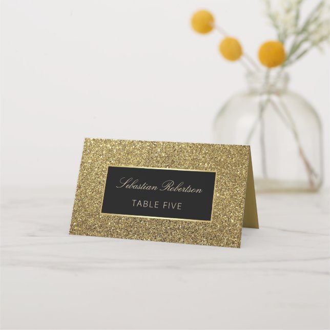 Cartão De Mesa Casamento Dourado e Preto Glitter (Frente)