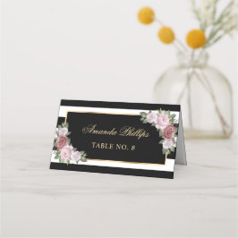 Cartão De Mesa Casamento Dourado Floral Preto Elegante
