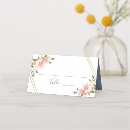 Cartão De Mesa Casamento Dourado Geométrico com Pincel Floral Azu