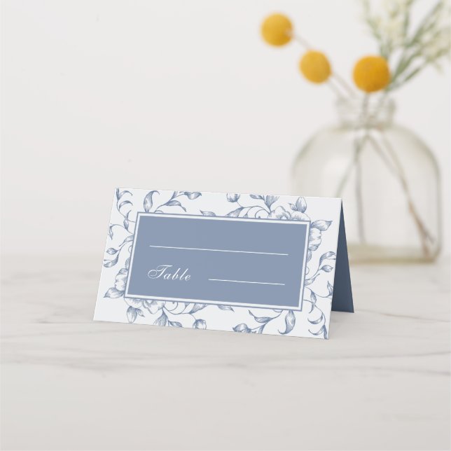 Cartão De Mesa Casamento Elegante Azul-Dusta Floral Dobrado (Frente)