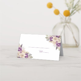 Cartão De Mesa Casamento Elegante com Rosa Roxa e Marfim