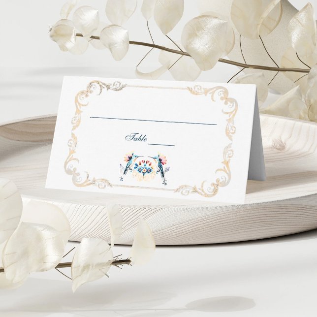 Cartão De Mesa Casamento Elegante de Beija Barroco Azul Mexicano (Elegant gold baroque frame with colorful Mexican floral art for a timeless wedding table.)