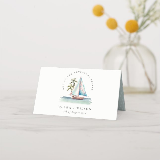 Cartão De Mesa Casamento Elegante Dusky Teal Sailboat Palm Seasca (Frente)