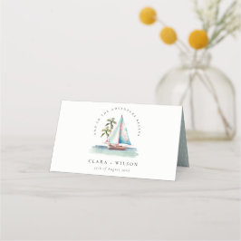 Cartão De Mesa Casamento Elegante Dusky Teal Sailboat Palm Seasca