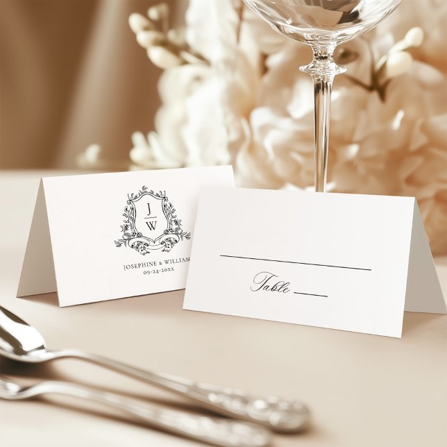 Cartão De Mesa Casamento Elegante Floral de Crest de Monograma Tr (Criador carregado)