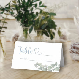 Cartão De Mesa Casamento em Aquarela Eucalipto Azul Poeira